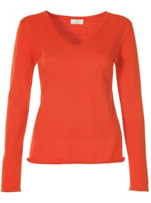 Summer Sweater - neckline: v-neck; pattern: plain; style: standard; predominant colour: bright orange; occasions: casual, work; length: standard; fibres: wool - mix; fit: slim fit; sleeve length: long sleeve; sleeve style: standard; texture group: knits/crochet; pattern type: knitted - fine stitch