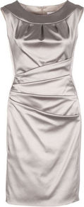 Cocktail Dress - style: shift; neckline: round neck; sleeve style: capped; fit: tailored/fitted; pattern: plain; waist detail: twist front waist detail/nipped in at waist on one side/soft pleats/draping/ruching/gathering waist detail; bust detail: ruching/gathering/draping/layers/pintuck pleats at bust; predominant colour: silver; occasions: evening, occasion; length: on the knee; fibres: polyester/polyamide - stretch; hip detail: structured pleats at hip; sleeve length: sleeveless; texture group: structured shiny - satin/tafetta/silk etc.; pattern type: fabric