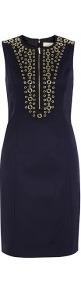 Sleeveless Grommet Embellished Dress - style: shift; sleeve style: sleeveless; bust detail: added detail/embellishment at bust; predominant colour: navy; secondary colour: gold; occasions: evening; length: just above the knee; fit: body skimming; fibres: cotton - stretch; neckline: crew; shoulder detail: asymmetric shoulder detail/one shoulder; sleeve length: sleeveless; pattern type: fabric; pattern size: light/subtle; pattern: patterned/print; texture group: other - light to midweight; embellishment: studs