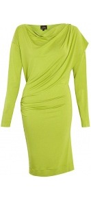 Toga Drape Jersey Dress - style: shift; neckline: cowl/draped neck; pattern: plain; waist detail: fitted waist; bust detail: ruching/gathering/draping/layers/pintuck pleats at bust; predominant colour: lime; occasions: evening, occasion; length: just above the knee; fit: body skimming; fibres: viscose/rayon - stretch; shoulder detail: flat/draping pleats/ruching/gathering at shoulder; sleeve length: long sleeve; sleeve style: standard; pattern type: fabric; texture group: jersey - stretchy/drapey