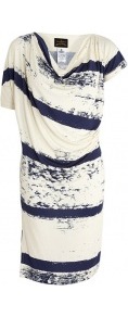 New Drape Tunic Jersey Stripe Dress Vivienne Westwood Ang - style: t-shirt; length: mid thigh; neckline: cowl/draped neck; sleeve style: asymmetric sleeve; pattern: striped; predominant colour: ivory; secondary colour: navy; occasions: casual, evening; fit: body skimming; fibres: viscose/rayon - stretch; sleeve length: short sleeve; trends: striking stripes; pattern type: fabric; pattern size: big & busy; texture group: jersey - stretchy/drapey