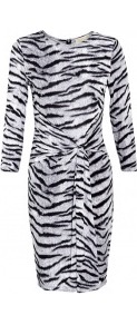 Tiger Print Knot Front Dress - style: shift; length: mid thigh; waist detail: twist front waist detail/nipped in at waist on one side/soft pleats/draping/ruching/gathering waist detail; predominant colour: light grey; secondary colour: black; occasions: evening, occasion; fit: body skimming; fibres: polyester/polyamide - stretch; neckline: crew; sleeve length: 3/4 length; sleeve style: standard; pattern type: fabric; pattern size: big & busy; pattern: animal print; texture group: jersey - stretchy/drapey