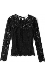Black Ivy Lace Blouse - neckline: round neck; pattern: plain; waist detail: fitted waist; style: blouse; bust detail: ruching/gathering/draping/layers/pintuck pleats at bust; predominant colour: black; occasions: evening, work, occasion; length: standard; fibres: nylon - mix; fit: tailored/fitted; hip detail: added detail/embellishment at hip; back detail: keyhole/peephole detail at back; sleeve length: long sleeve; sleeve style: standard; texture group: lace; pattern type: fabric; pattern size: standard; embellishment: lace