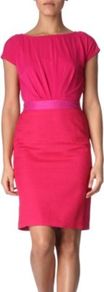 Ciro Dress - style: shift; neckline: slash/boat neckline; fit: tailored/fitted; pattern: plain; waist detail: fitted waist; predominant colour: hot pink; occasions: evening, occasion; length: on the knee; fibres: polyester/polyamide - mix; shoulder detail: flat/draping pleats/ruching/gathering at shoulder; sleeve length: short sleeve; sleeve style: standard; trends: fluorescent; pattern type: fabric; texture group: jersey - stretchy/drapey