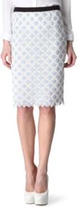 Cotton Pencil Skirt - style: pencil; fit: tailored/fitted; waist detail: embellishment at waist/feature waistband; waist: high rise; predominant colour: white; secondary colour: diva blue; occasions: evening, work, occasion; length: on the knee; fibres: cotton - 100%; texture group: lace; pattern type: fabric; pattern size: standard; pattern: patterned/print; embellishment: lace