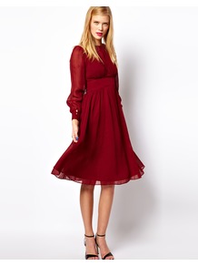 Midi Dress With Gathered Front - style: empire line; length: below the knee; neckline: round neck; sleeve style: puffed; fit: empire; pattern: plain; waist detail: fitted waist, twist front waist detail/nipped in at waist on one side/soft pleats/draping/ruching/gathering waist detail; bust detail: ruching/gathering/draping/layers/pintuck pleats at bust; predominant colour: true red; occasions: casual, evening, occasion; fibres: polyester/polyamide - 100%; hip detail: soft pleats at hip/draping at hip/flared at hip; shoulder detail: flat/draping pleats/ruching/gathering at shoulder; sleeve length: long sleeve; texture group: sheer fabrics/chiffon/organza etc.; trends: volume; pattern type: fabric