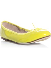 Patent Leather Flats - predominant colour: yellow; occasions: casual, holiday; material: leather; heel height: flat; toe: round toe; style: ballerinas / pumps; trends: fluorescent; finish: patent; pattern: plain; embellishment: bow