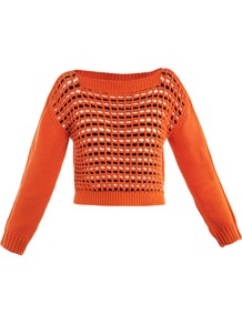 Zante Sweater - neckline: slash/boat neckline; length: cropped; style: standard; shoulder detail: contrast pattern/fabric at shoulder; predominant colour: bright orange; secondary colour: black; occasions: casual, work, holiday; fibres: cotton - mix; fit: slim fit; bust detail: contrast pattern/fabric/detail at bust; sleeve length: long sleeve; sleeve style: standard; texture group: knits/crochet; trends: modern geometrics; pattern type: knitted - other; pattern size: small & busy; pattern: patterned/print