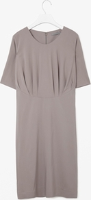 Gathered Seam Dress - style: shift; pattern: plain; bust detail: ruching/gathering/draping/layers/pintuck pleats at bust; predominant colour: taupe; occasions: casual, work, occasion; length: on the knee; fit: body skimming; fibres: polyester/polyamide - stretch; neckline: crew; sleeve length: short sleeve; sleeve style: standard; texture group: crepes