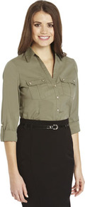 Limited Edition Military Shirt - neckline: v-neck; pattern: plain; style: shirt; bust detail: pocket detail at bust; predominant colour: khaki; secondary colour: silver; occasions: casual, work; length: standard; fibres: cotton - mix; fit: tailored/fitted; sleeve length: 3/4 length; sleeve style: standard; texture group: cotton feel fabrics; pattern type: fabric
