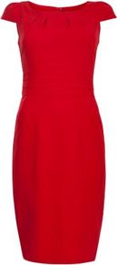 Red Cap Sleeve Pencil Dress - style: shift; neckline: round neck; sleeve style: capped; pattern: plain; waist detail: fitted waist; predominant colour: true red; occasions: evening, work; length: just above the knee; fit: body skimming; fibres: polyester/polyamide - 100%; sleeve length: short sleeve; pattern type: fabric; pattern size: standard; texture group: other - light to midweight