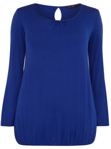 Cobalt Blue Blouson Hem Top - neckline: round neck; pattern: plain; style: blouson; predominant colour: royal blue; occasions: casual, work; length: standard; fibres: polyester/polyamide - stretch; fit: straight cut; back detail: keyhole/peephole detail at back; sleeve length: long sleeve; sleeve style: standard; pattern type: fabric; texture group: jersey - stretchy/drapey