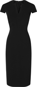 Elodie Structured Dress, Black - style: shift; neckline: v-neck; sleeve style: capped; fit: tailored/fitted; pattern: plain; waist detail: fitted waist; predominant colour: black; occasions: evening, work; length: on the knee; fibres: nylon - mix; sleeve length: short sleeve; trends: glamorous day shifts; pattern type: fabric; pattern size: standard; texture group: other - light to midweight