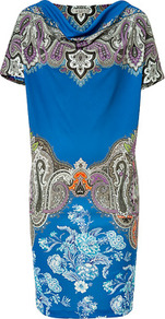 Blue Multi Paisley Print Jersey Dress - style: shift; neckline: cowl/draped neck; pattern: paisley; predominant colour: royal blue; occasions: evening, occasion; length: on the knee; fit: straight cut; fibres: polyester/polyamide - 100%; sleeve length: short sleeve; sleeve style: standard; trends: statement prints; pattern type: fabric; pattern size: big & busy; texture group: jersey - stretchy/drapey