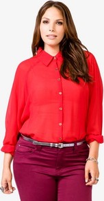 Lace Cutout Shirt - neckline: shirt collar/peter pan/zip with opening; pattern: plain; length: below the bottom; back detail: low cut/open back; sleeve style: balloon; style: blouse; predominant colour: true red; occasions: casual, evening; fibres: polyester/polyamide - 100%; fit: loose; sleeve length: long sleeve; texture group: sheer fabrics/chiffon/organza etc.; pattern type: fabric; embellishment: lace