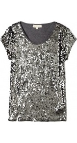Petal Sequin Top - sleeve style: capped; pattern: plain; back detail: contrast pattern/fabric at back; predominant colour: silver; occasions: evening, occasion; length: standard; style: top; neckline: scoop; fibres: polyester/polyamide - stretch; fit: straight cut; sleeve length: short sleeve; trends: metallics; pattern type: fabric; pattern size: standard; texture group: jersey - stretchy/drapey; embellishment: sequins