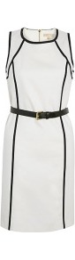 Belted Sleeveless Scuba Dress - style: shift; neckline: round neck; fit: tailored/fitted; pattern: plain; sleeve style: sleeveless; waist detail: belted waist/tie at waist/drawstring; predominant colour: white; occasions: evening, occasion; length: just above the knee; fibres: cotton - stretch; sleeve length: sleeveless; texture group: cotton feel fabrics; trends: glamorous day shifts; pattern type: fabric