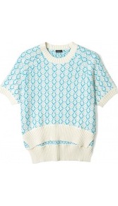 Circle Knit Jacquard Round Neck Short Sleeve Top - predominant colour: pale blue; secondary colour: pale blue; occasions: casual, work; length: standard; style: top; fit: straight cut; neckline: crew; sleeve length: short sleeve; sleeve style: standard; texture group: knits/crochet; pattern type: knitted - fine stitch; pattern size: standard; pattern: patterned/print; fibres: viscose/rayon - mix