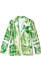 Jinx Currency Dollar Print Blazer - style: single breasted blazer; collar: standard lapel/rever collar; predominant colour: emerald green; secondary colour: pistachio; occasions: casual, evening, work; length: standard; fit: straight cut (boxy); sleeve length: long sleeve; sleeve style: standard; collar break: medium; pattern type: fabric; pattern size: big & busy; pattern: patterned/print; texture group: other - light to midweight; fibres: viscose/rayon - mix