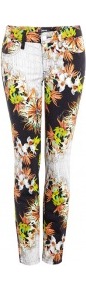 Flower And Scales Print Stretch Cotton Jeans Just Cava - style: skinny leg; length: standard; pocket detail: traditional 5 pocket; waist: mid/regular rise; secondary colour: lime; predominant colour: black; occasions: casual, evening, work, holiday; fibres: cotton - stretch; texture group: cotton feel fabrics; trends: high impact florals; pattern type: fabric; pattern size: big & busy; pattern: patterned/print