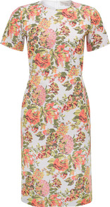 Coral Floral Jacquard Panelled Dress - style: shift; fit: tailored/fitted; secondary colour: ivory; occasions: evening, occasion; length: on the knee; fibres: polyester/polyamide - mix; neckline: crew; predominant colour: multicoloured; sleeve length: short sleeve; sleeve style: standard; texture group: ornate wovens; trends: high impact florals, glamorous day shifts; pattern type: fabric; pattern size: big & busy; pattern: florals