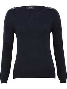 Women's Womens Luxe Studded Elbow Long Sleeve Knitwear Jumper - neckline: round neck; sleeve style: extended cuff; pattern: plain; style: standard; hip detail: fitted at hip; shoulder detail: contrast pattern/fabric at shoulder; predominant colour: navy; secondary colour: silver; occasions: casual, evening, work; length: standard; fibres: acrylic - mix; fit: standard fit; sleeve length: extra long; texture group: knits/crochet; trends: metallics; pattern type: knitted - other; embellishment: sequins