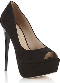 Emerald Peep Toe Platform - predominant colour: black; occasions: evening, occasion, holiday; material: suede; heel: platform; toe: open toe/peeptoe; style: courts; finish: plain; pattern: plain; heel height: very high