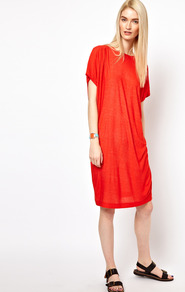 Airtex Knitted Dress - style: jumper dress; neckline: round neck; fit: loose; pattern: plain; waist detail: twist front waist detail/nipped in at waist on one side/soft pleats/draping/ruching/gathering waist detail; bust detail: ruching/gathering/draping/layers/pintuck pleats at bust; predominant colour: bright orange; occasions: casual, holiday; length: just above the knee; fibres: viscose/rayon - 100%; sleeve style: cape sleeve; hip detail: soft pleats at hip/draping at hip/flared at hip; shoulder detail: flat/draping pleats/ruching/gathering at shoulder; back detail: keyhole/peephole detail at back; sleeve length: half sleeve; pattern type: fabric; texture group: jersey - stretchy/drapey