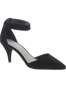 Sonic Pointed Heels - predominant colour: black; occasions: evening, work, occasion; material: faux leather; heel height: mid; ankle detail: ankle strap; heel: cone; toe: pointed toe; style: courts; finish: plain; pattern: plain