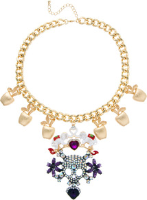 Celebration Skull Statement Necklace - secondary colour: purple; predominant colour: gold; occasions: evening, occasion, holiday; style: pendant; length: short; size: large/oversized; material: chain/metal; trends: metallics; finish: metallic; embellishment: jewels