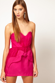Organza Sweetheart Bustier Dress With Asymetric Peplum - length: mid thigh; neckline: strapless (straight/sweetheart); sleeve style: sleeveless; style: tulip; waist detail: peplum waist detail; predominant colour: hot pink; occasions: evening, occasion, holiday; fit: fitted at waist & bust; fibres: silk - mix; sleeve length: sleeveless; texture group: sheer fabrics/chiffon/organza etc.; pattern type: fabric; pattern: colourblock