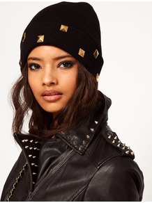 Boyfriend Knit Beanie With Studded Turn Up - predominant colour: black; occasions: casual; style: beanie; size: standard; material: fabric; pattern: plain; embellishment: studs