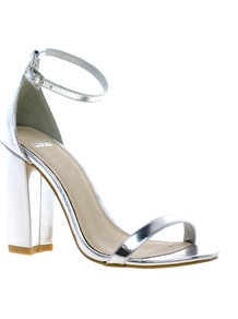 Hometown Heeled Sandals - predominant colour: silver; occasions: evening, occasion, holiday; material: faux leather; heel height: high; ankle detail: ankle strap; heel: block; toe: open toe/peeptoe; style: strappy; trends: metallics; finish: metallic; pattern: plain