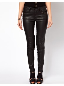 Premium Coated Skinny Biker Jeans With Ruched Panel Detail - style: skinny leg; length: standard; pattern: plain; pocket detail: traditional 5 pocket; waist: mid/regular rise; predominant colour: black; occasions: casual, evening; fibres: cotton - stretch; jeans detail: dark wash; texture group: denim; pattern type: fabric