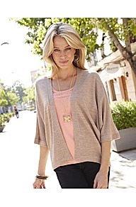 Kimono Style Cardigan - pattern: plain; sleeve style: kimono; neckline: collarless open; style: open front; predominant colour: stone; occasions: casual, evening, work, holiday; length: standard; fibres: acrylic - 100%; fit: loose; back detail: longer hem at back than at front; sleeve length: 3/4 length; texture group: knits/crochet; pattern type: knitted - fine stitch