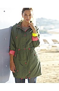 Neon Trim Parka Style Jacket - pattern: plain; bust detail: added detail/embellishment at bust; hip detail: side pockets at hip; style: parka; back detail: hood; collar: high neck; length: mid thigh; secondary colour: pink; predominant colour: sage; occasions: casual; fit: tailored/fitted; fibres: polyester/polyamide - 100%; waist detail: belted waist/tie at waist/drawstring; sleeve length: long sleeve; sleeve style: standard; trends: fluorescent; collar break: high; pattern type: fabric; texture group: other - light to midweight