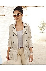Plain Peplum Jacket - pattern: plain; length: below the bottom; style: double breasted; collar: standard lapel/rever collar; predominant colour: stone; occasions: casual, work; fit: tailored/fitted; fibres: cotton - 100%; waist detail: peplum detail at waist; sleeve length: long sleeve; sleeve style: standard; collar break: medium; pattern type: fabric; texture group: other - light to midweight
