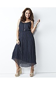 Polka Dot Midi Dress - length: calf length; sleeve style: spaghetti straps; fit: fitted at waist; style: maxi dress; waist detail: elasticated waist; pattern: polka dot; predominant colour: navy; occasions: casual, occasion; neckline: scoop; fibres: polyester/polyamide - 100%; sleeve length: sleeveless; texture group: sheer fabrics/chiffon/organza etc.; pattern type: fabric; pattern size: standard