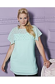 Sheer Short Sleeve Bead Trim Blouse - sleeve style: dolman/batwing; bust detail: added detail/embellishment at bust; length: below the bottom; style: blouse; predominant colour: pistachio; occasions: casual, evening, work, holiday; fibres: polyester/polyamide - 100%; fit: straight cut; neckline: crew; shoulder detail: added shoulder detail; sleeve length: short sleeve; texture group: sheer fabrics/chiffon/organza etc.; pattern type: fabric; pattern size: standard; embellishment: beading
