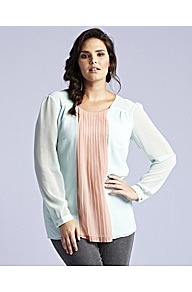 Long Sleeved Pleated Blouse - neckline: round neck; style: blouse; bust detail: ruching/gathering/draping/layers/pintuck pleats at bust; predominant colour: pistachio; occasions: casual, evening, work, holiday; length: standard; fibres: polyester/polyamide - 100%; fit: loose; sleeve length: long sleeve; sleeve style: standard; texture group: sheer fabrics/chiffon/organza etc.; pattern type: fabric; pattern size: standard; pattern: colourblock; secondary colour: dusky pink