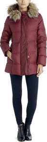 Down Puffa Jacket - pattern: plain; length: below the bottom; back detail: hood; collar: high neck; fit: slim fit; predominant colour: burgundy; occasions: casual; fibres: nylon - 100%; sleeve length: long sleeve; sleeve style: standard; texture group: technical outdoor fabrics; collar break: high; pattern type: fabric; style: puffa; embellishment: fur