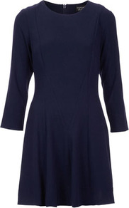 Crepe Fit And Flare Dress - length: mid thigh; pattern: plain; predominant colour: navy; occasions: casual, work; fit: body skimming; style: fit & flare; fibres: polyester/polyamide - stretch; neckline: crew; sleeve length: 3/4 length; sleeve style: standard; texture group: crepes; pattern type: fabric