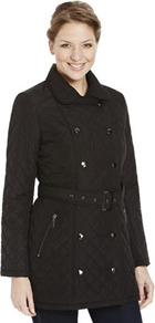 Quilted Trench Coat - pattern: plain; bust detail: added detail/embellishment at bust; style: double breasted; hip detail: front pockets at hip; length: mid thigh; predominant colour: black; occasions: casual, work, holiday; fit: tailored/fitted; fibres: polyester/polyamide - 100%; collar: shirt collar/peter pan/zip with opening; waist detail: belted waist/tie at waist/drawstring; sleeve length: long sleeve; sleeve style: standard; collar break: high; pattern type: fabric; texture group: other - light to midweight; embellishment: quilted