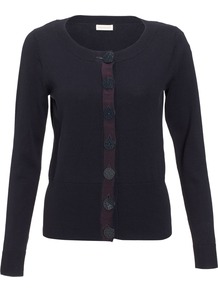 Gloria Grosgrain Big Button Cardigan - neckline: round neck; pattern: plain; predominant colour: navy; occasions: casual, work; length: standard; style: standard; fibres: cotton - 100%; fit: slim fit; sleeve length: long sleeve; sleeve style: standard; texture group: knits/crochet; pattern type: knitted - fine stitch
