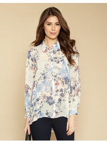 Flossy Print Shirt - neckline: shirt collar/peter pan/zip with opening; length: below the bottom; style: shirt; occasions: casual, work; fibres: polyester/polyamide - 100%; fit: loose; back detail: longer hem at back than at front; predominant colour: multicoloured; sleeve length: long sleeve; sleeve style: standard; texture group: sheer fabrics/chiffon/organza etc.; pattern type: fabric; pattern size: big & busy; pattern: florals