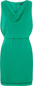 Rubie Dress, Green - length: mid thigh; neckline: cowl/draped neck; fit: fitted at waist; pattern: plain; sleeve style: sleeveless; style: blouson; waist detail: elasticated waist; predominant colour: emerald green; occasions: evening, occasion, holiday; fibres: polyester/polyamide - 100%; sleeve length: sleeveless; texture group: crepes; pattern type: fabric