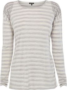 Stripe And Stud Tee, Grey - pattern: horizontal stripes; style: t-shirt; shoulder detail: contrast pattern/fabric at shoulder; predominant colour: ivory; secondary colour: light grey; occasions: casual; length: standard; fibres: viscose/rayon - 100%; fit: body skimming; neckline: crew; sleeve length: long sleeve; sleeve style: standard; pattern type: fabric; pattern size: standard; texture group: jersey - stretchy/drapey; embellishment: studs