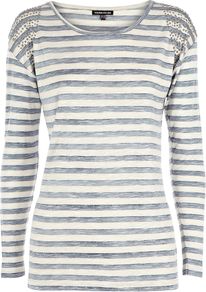 Stripe And Stud Tee, Blue - neckline: round neck; pattern: horizontal stripes; style: t-shirt; predominant colour: ivory; secondary colour: denim; occasions: casual; length: standard; fibres: viscose/rayon - 100%; fit: body skimming; shoulder detail: added shoulder detail; sleeve length: long sleeve; sleeve style: standard; pattern type: fabric; pattern size: standard; texture group: jersey - stretchy/drapey