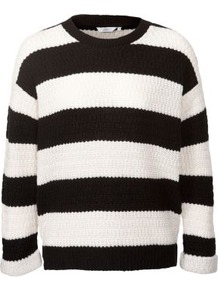 Black And White Stripe Knitted Jumper - pattern: horizontal stripes; style: standard; secondary colour: white; occasions: casual; length: standard; fibres: acrylic - 100%; fit: standard fit; neckline: crew; sleeve length: 3/4 length; sleeve style: standard; texture group: knits/crochet; predominant colour: monochrome; trends: striking stripes; pattern type: knitted - big stitch; pattern size: big & busy