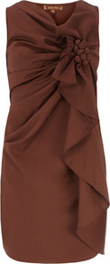 Brown Structured Corsage Dress - style: shift; neckline: v-neck; fit: tailored/fitted; pattern: plain; sleeve style: sleeveless; waist detail: twist front waist detail/nipped in at waist on one side/soft pleats/draping/ruching/gathering waist detail; bust detail: ruching/gathering/draping/layers/pintuck pleats at bust; predominant colour: tan; occasions: evening, occasion; length: just above the knee; fibres: polyester/polyamide - 100%; sleeve length: sleeveless; texture group: silky - light; trends: glamorous day shifts; pattern type: fabric